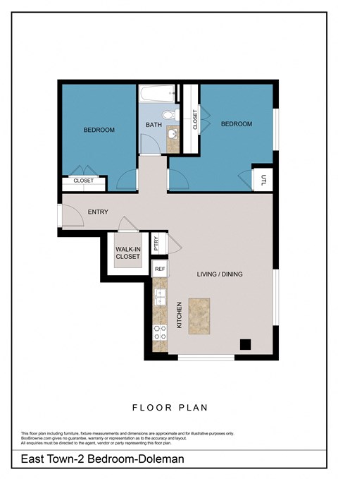 Floor plan for 2 beds, 1 bath, 996 sqft